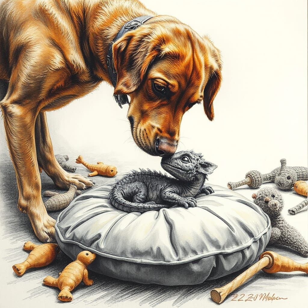 Ginger Setter Meets Fluffy Dragon Hatchling in Charcoal Draw...