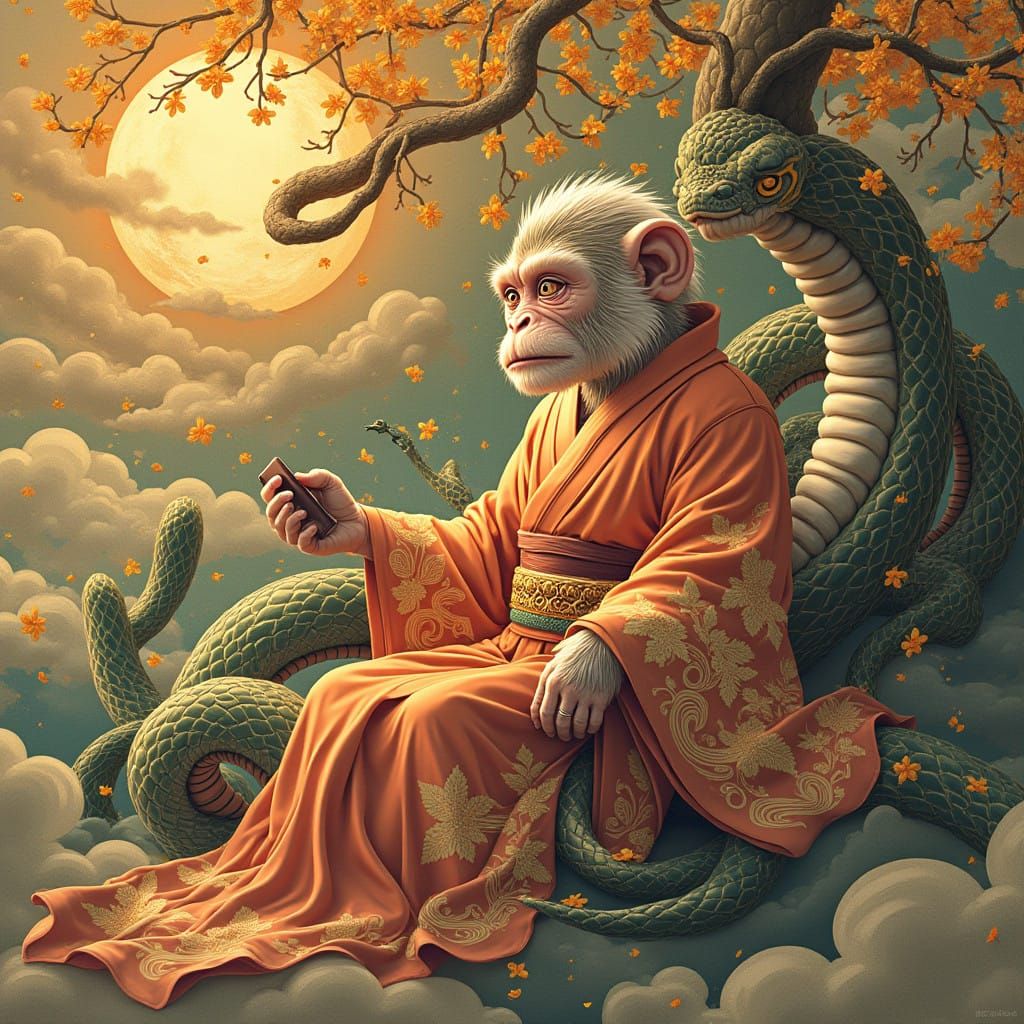 Mystical Ukiyo-e Scene with Monkey and Snake in Anime Style