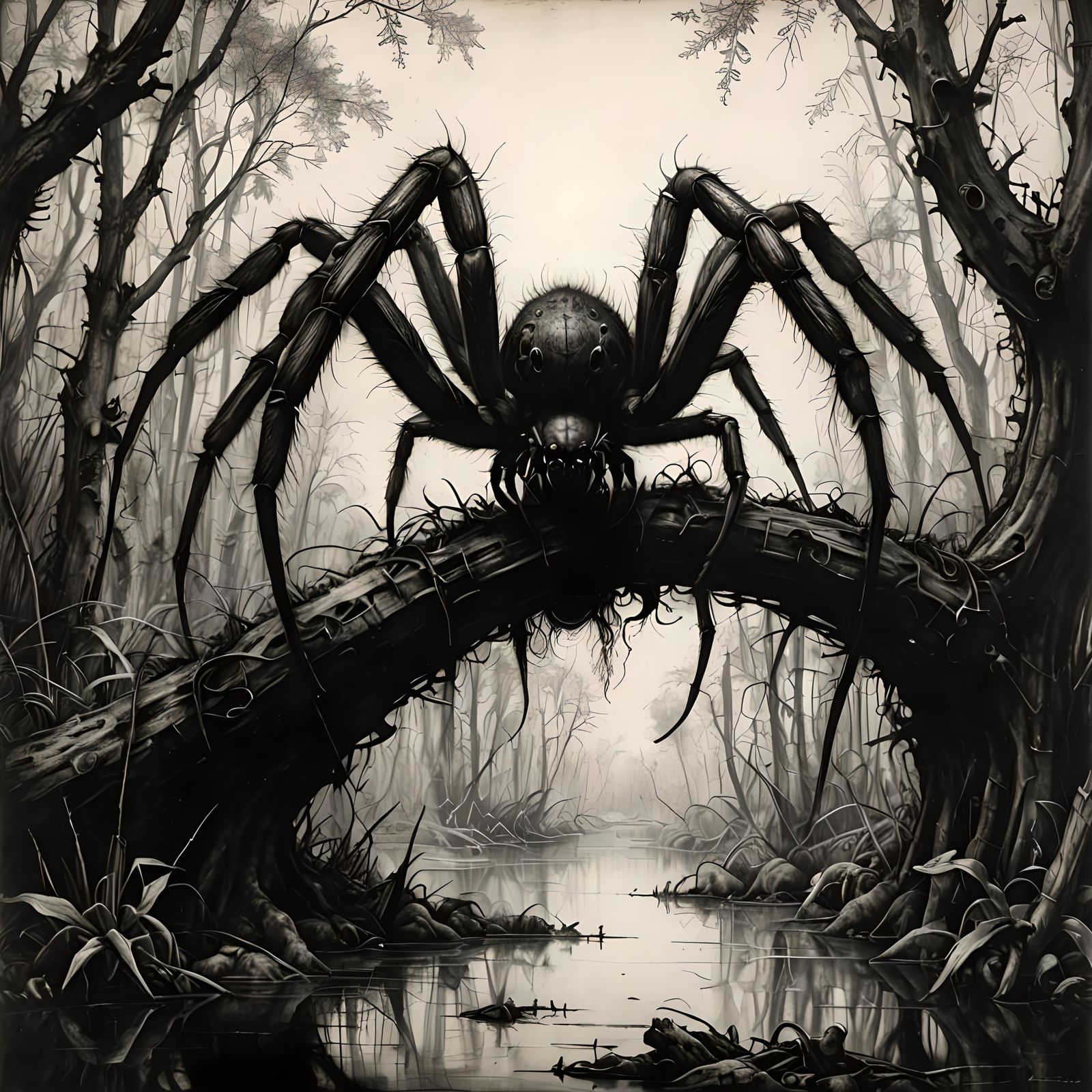 Giant Spider in Swamp: Charcoal Drawing