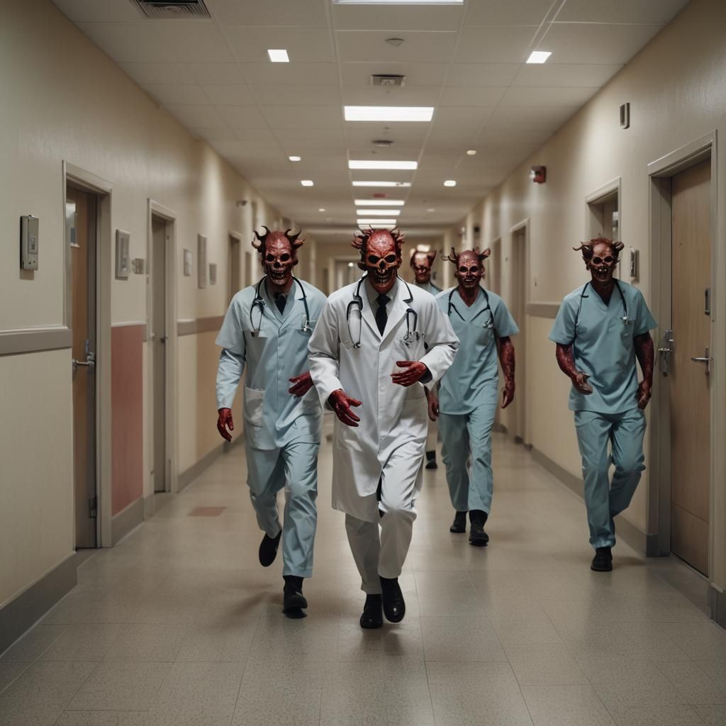 Hellish Hospital Corridor with Satanic Doctor Demons