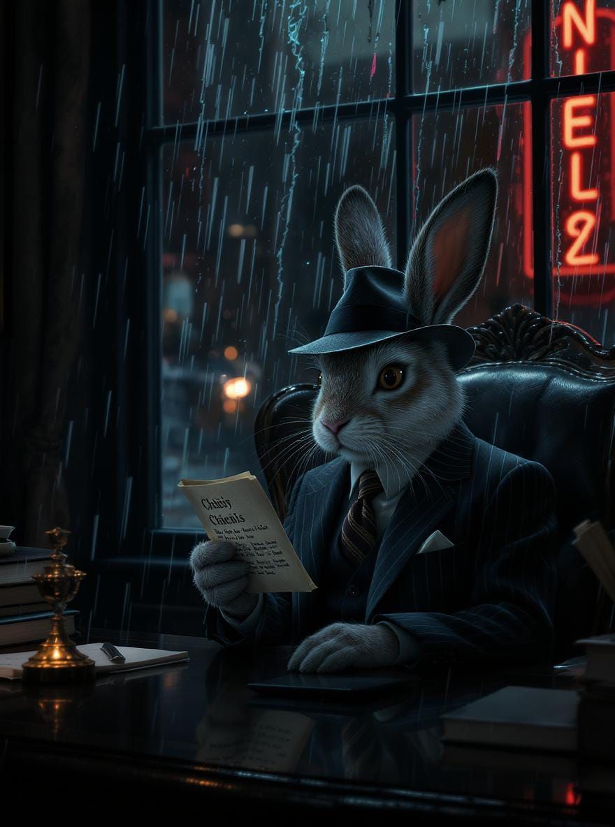 Rabbit Detective in Noir Office: Cinematic Scene