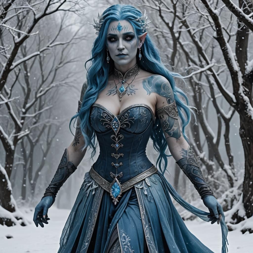 Blue-Skinned Eladrin Bard with Icy Hair