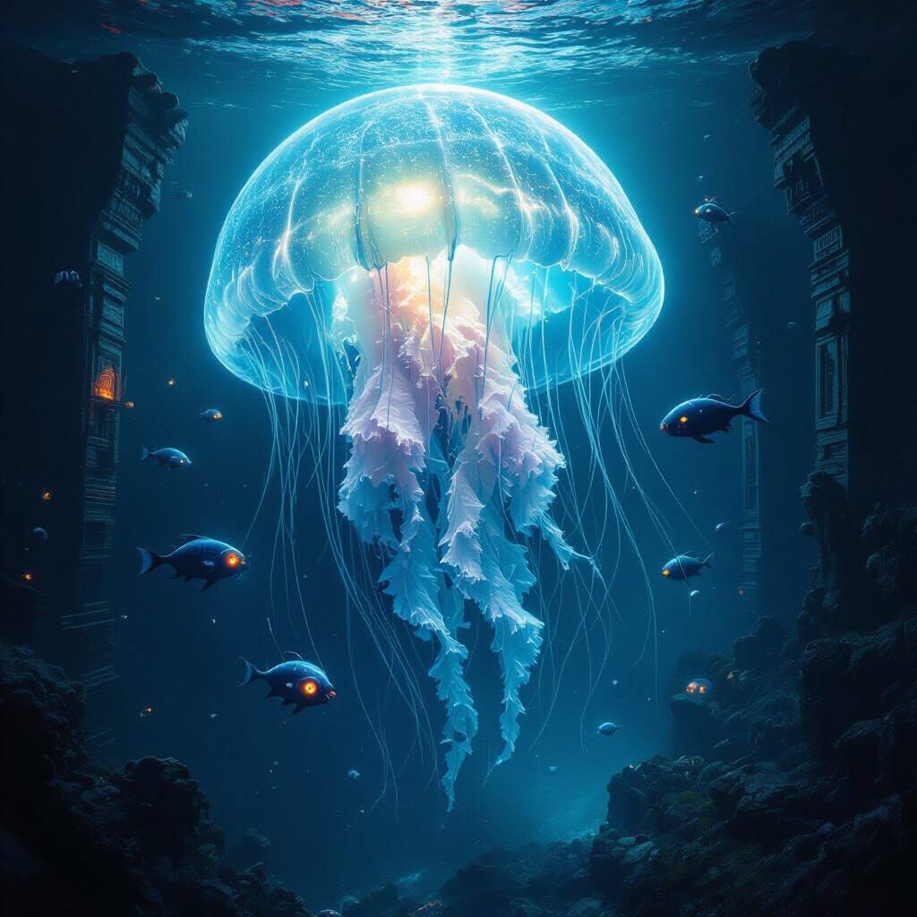 Bioluminescent Jellyfish Illuminates Giger-esque Ruins in De...