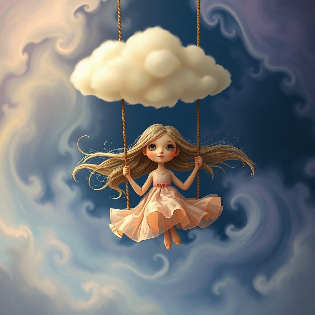 Girl on Cloud Swing in Dreamlike Style