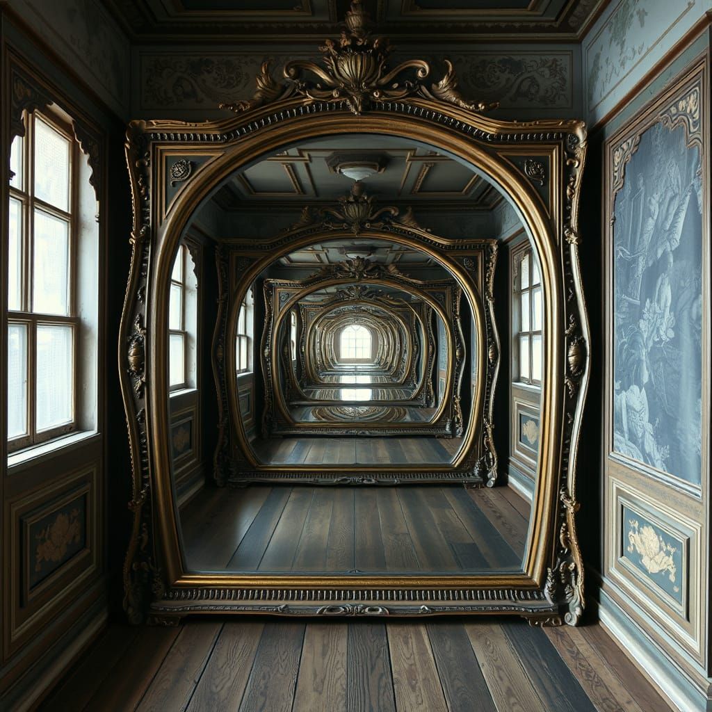 Infinite Reflections: A Recursive Vintage Mirror Illusion