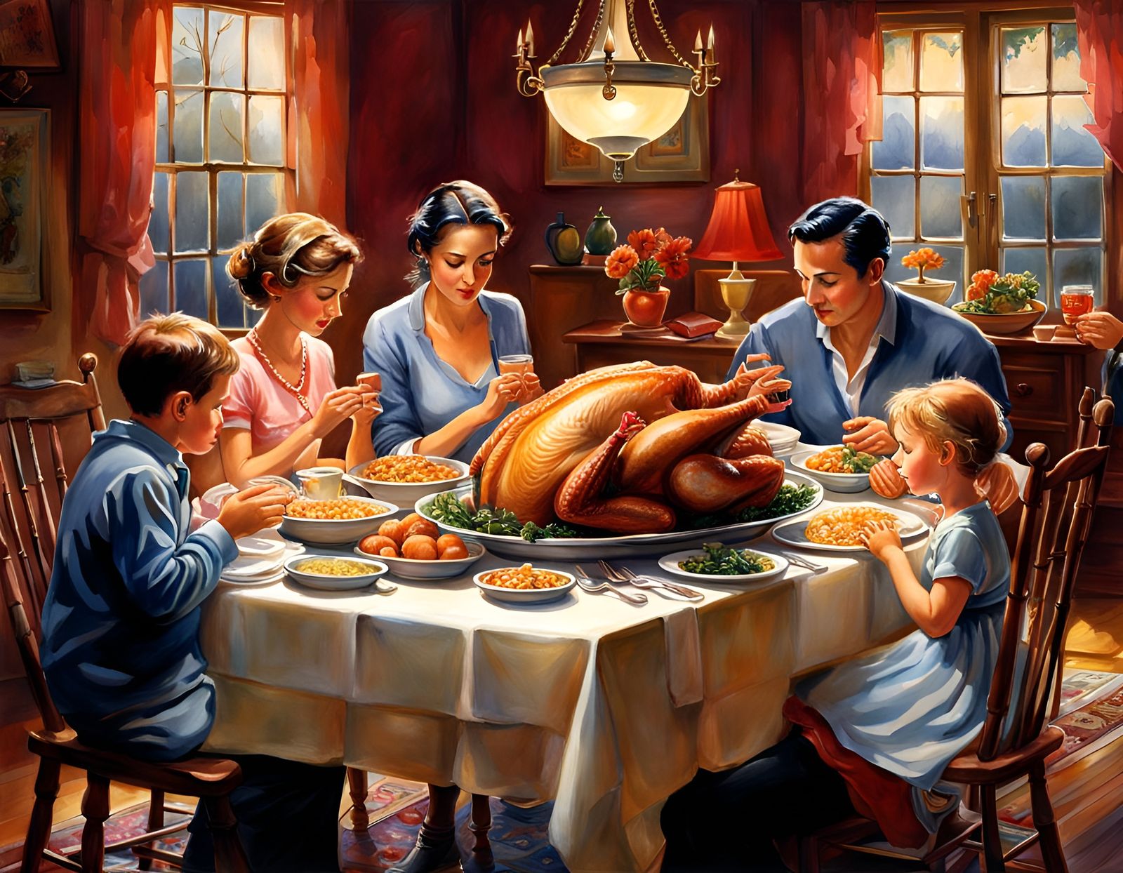 Family Thanksgiving Dinner in Watercolor Folk Art