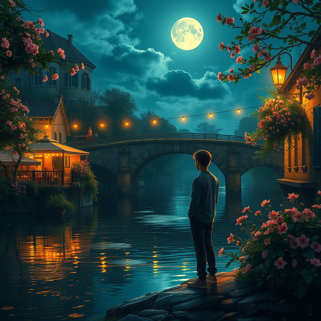 Man on Moonlit River Bank in Fantasy Style