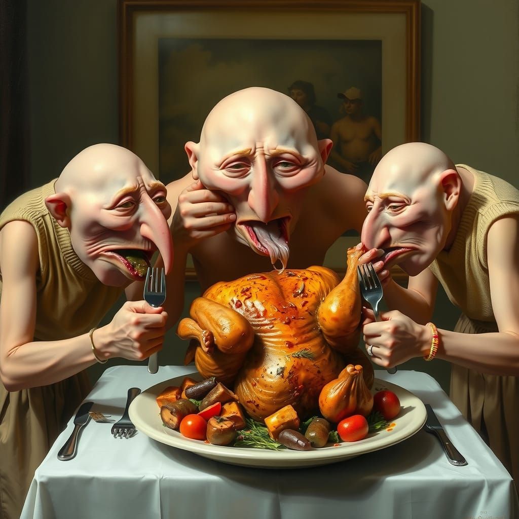 Surreal Oil Painting of Tiny Beings Feast