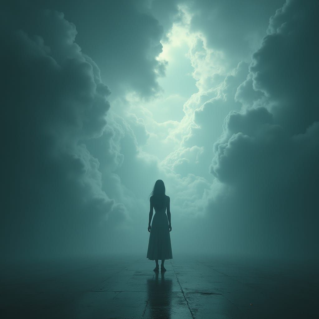 Woman in Storm Cloud Room: Surreal Digital Dreamscape