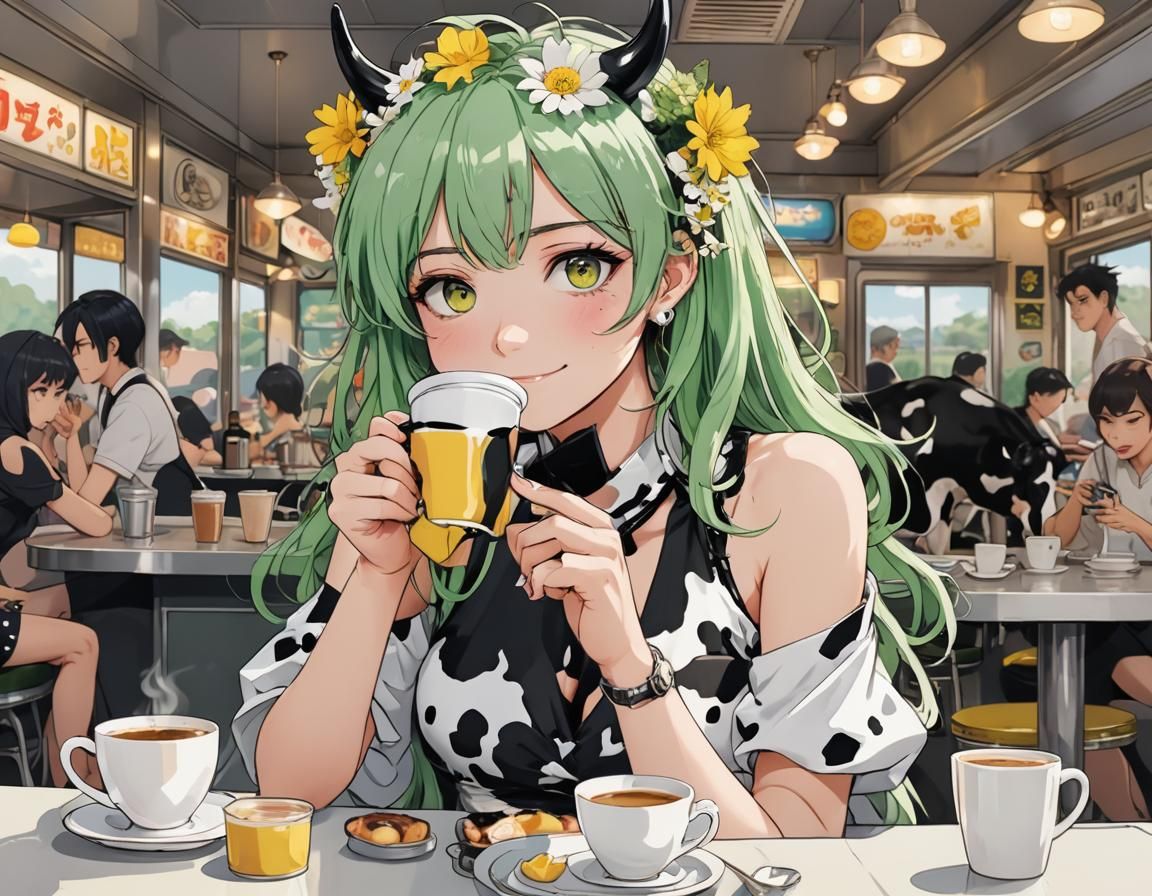 Anime Girl with Coffee in 50s Diner