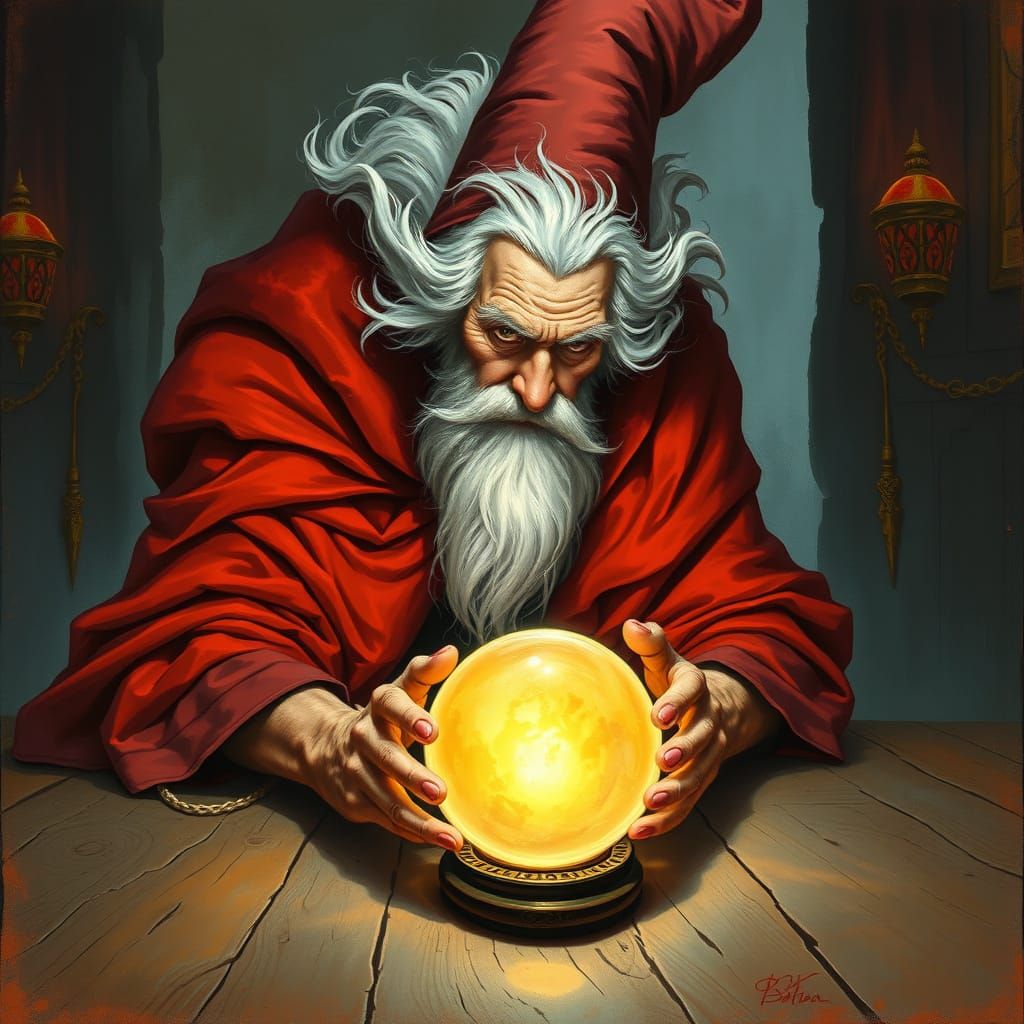 Wizard Gazing into Crystal Ball in Dark Fantasy Style
