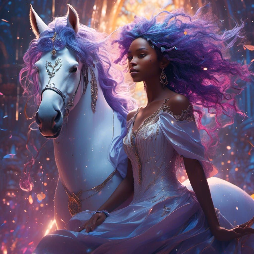 Vibrant Black Girl on Unicorn Fantasy Art