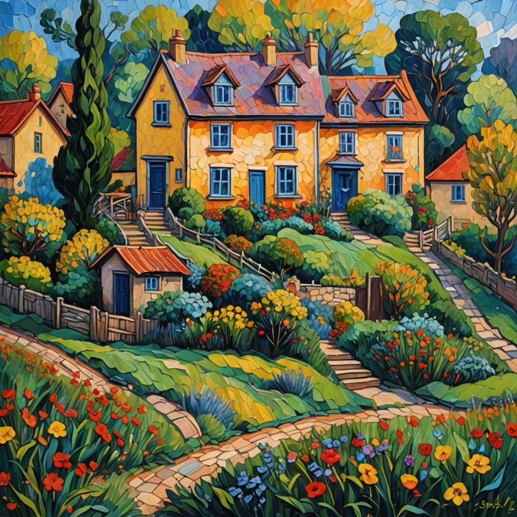 Expressionist House Victory: Neo-Impressionist Oil Painting