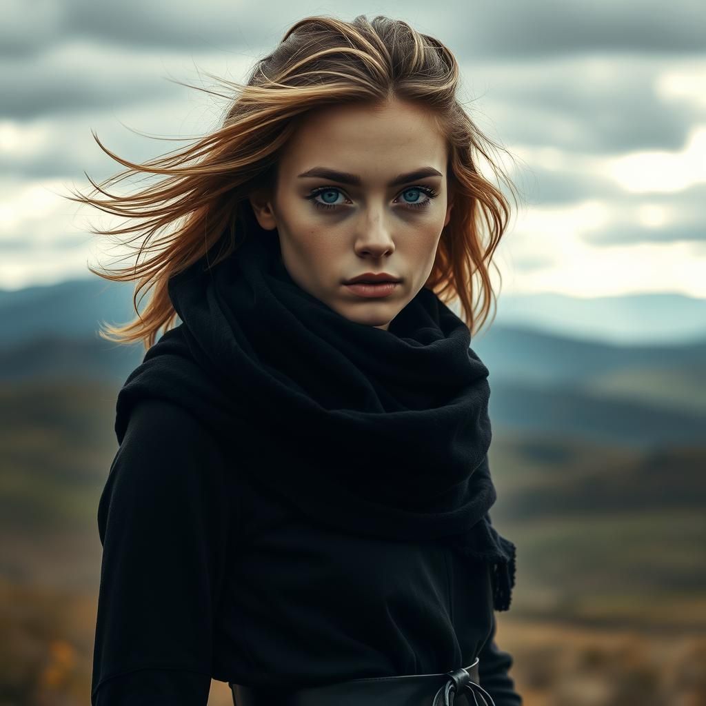 Windswept Woman with Piercing Gaze in Natural Light