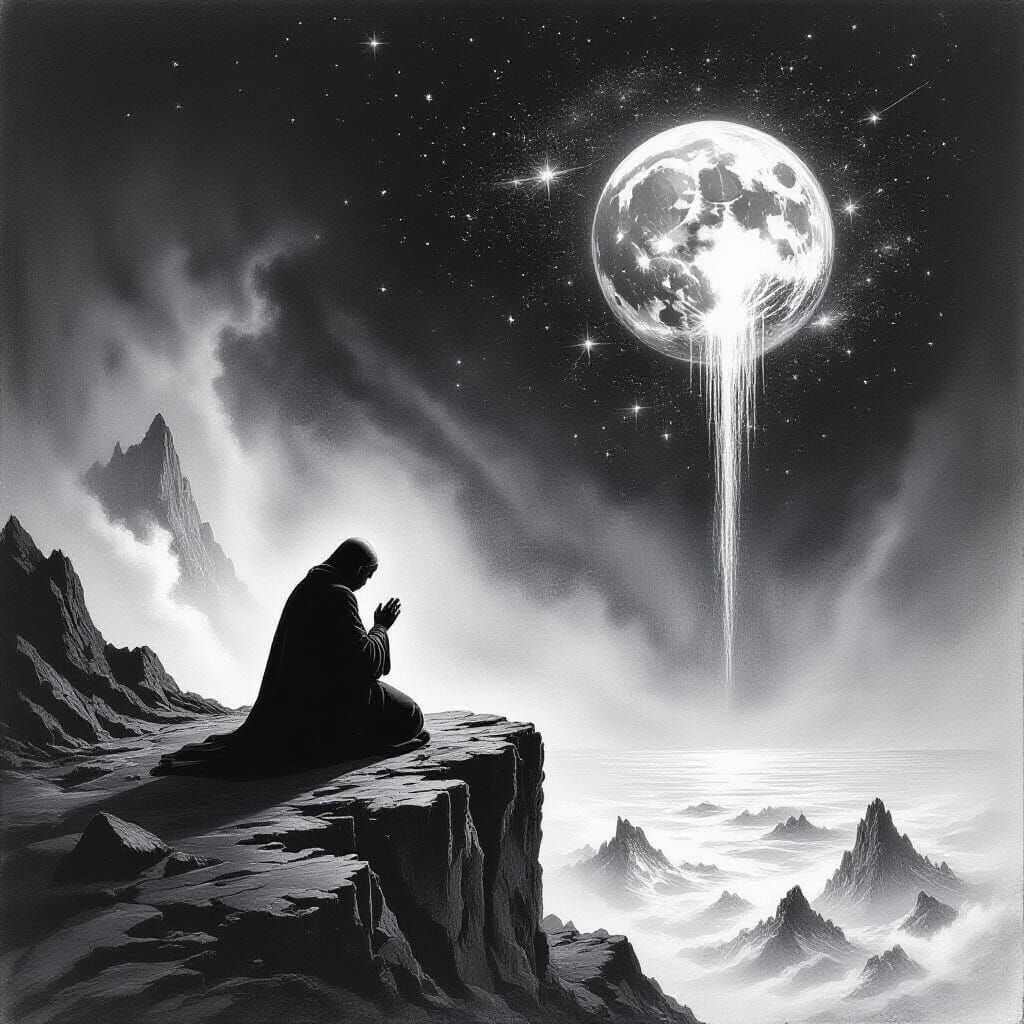 Priest Kneels as Earth Burns, Charcoal Drawing