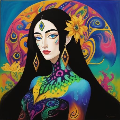 Dragon Peacock Woman in Surreal Impasto Painting
