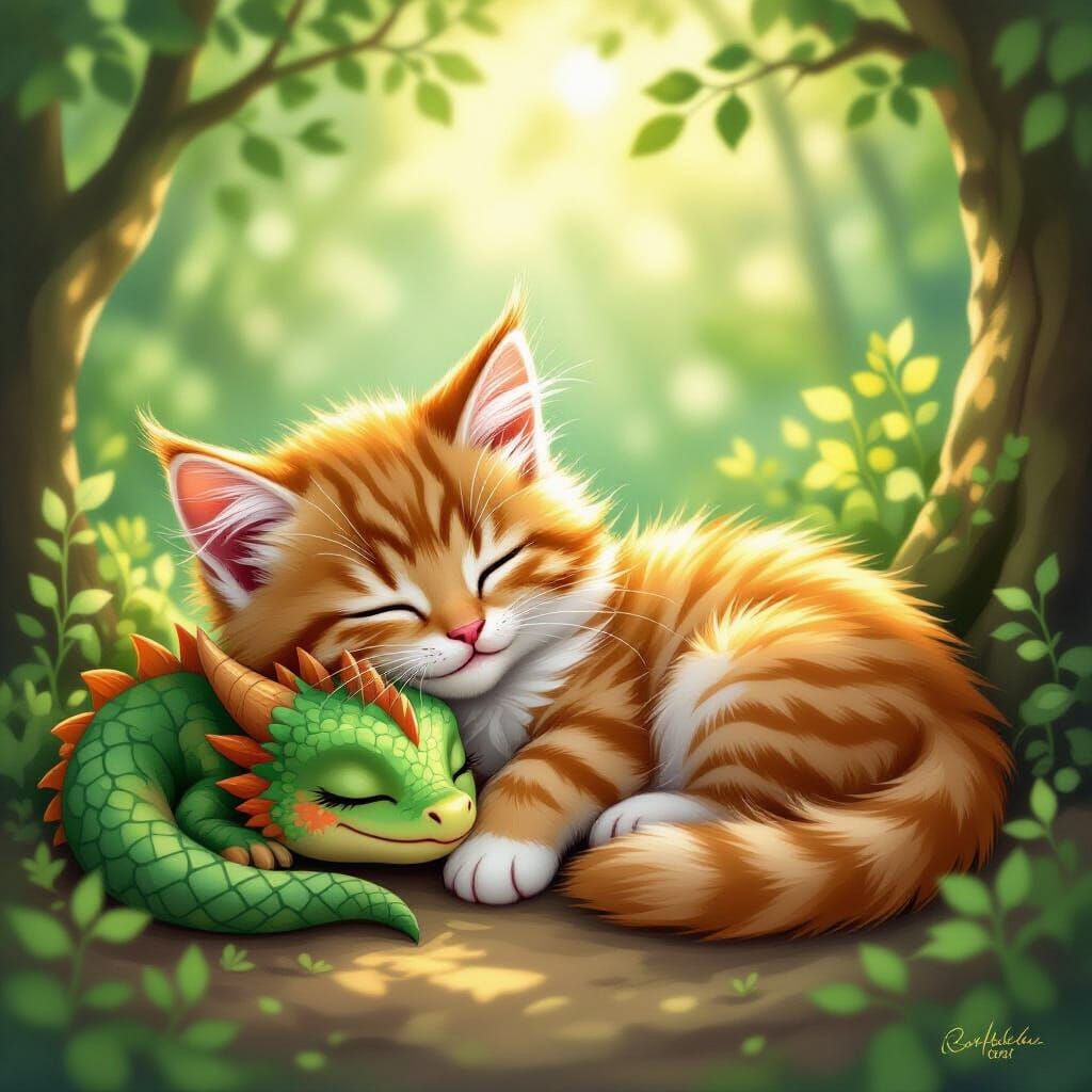 Fluffy Kitten Sleeps Beside Baby Dragon in Enchanted Forest