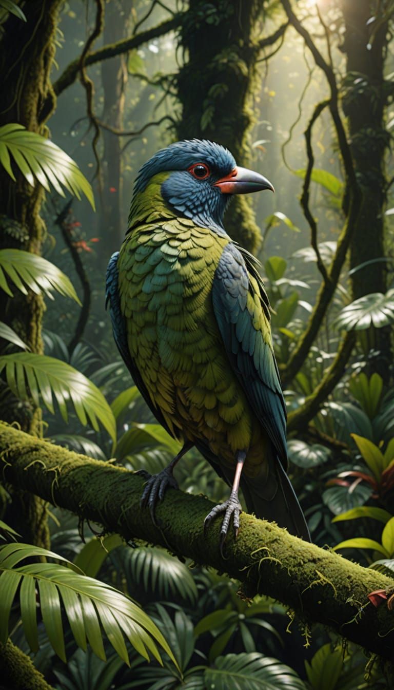 Hyper-Realistic Tropical Bird on Mossy Branch in Rainforest