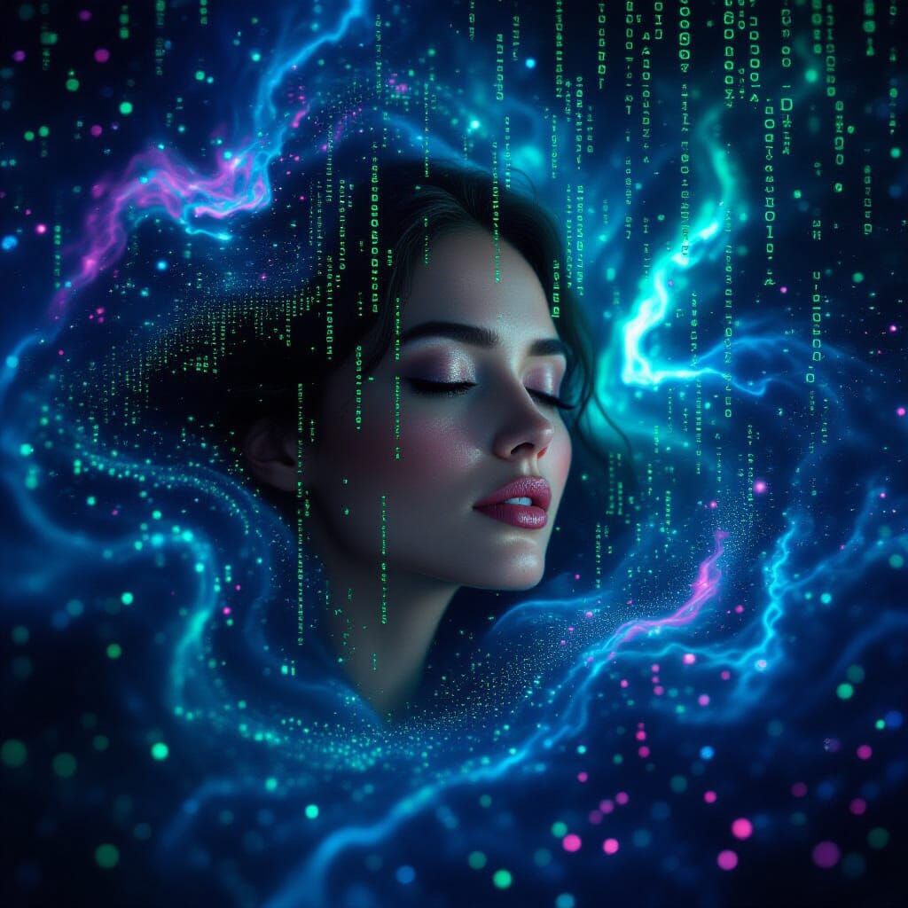 Ethereal Woman in Cosmic Nebula of Digital Code