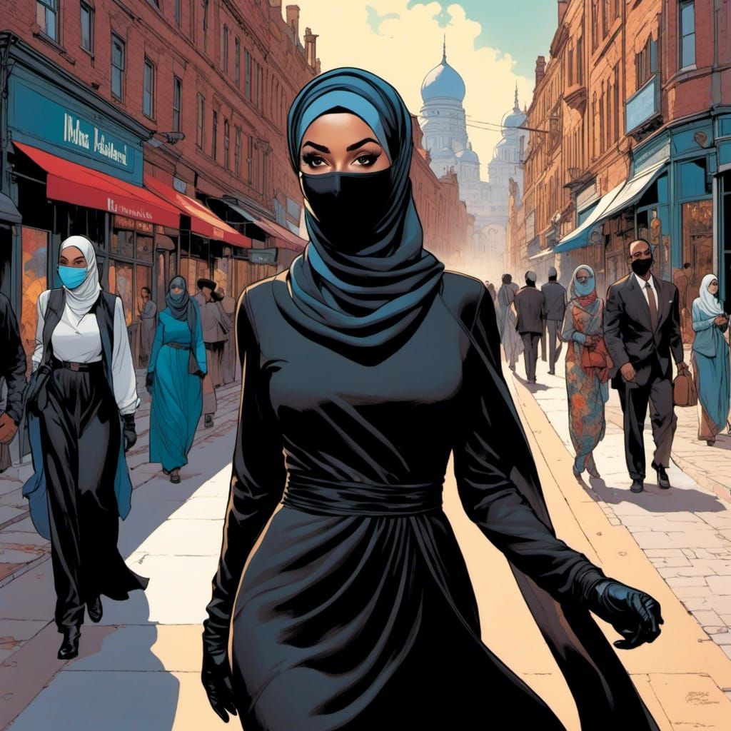 Confident Hijabi Woman in Mask, Comic Book Art
