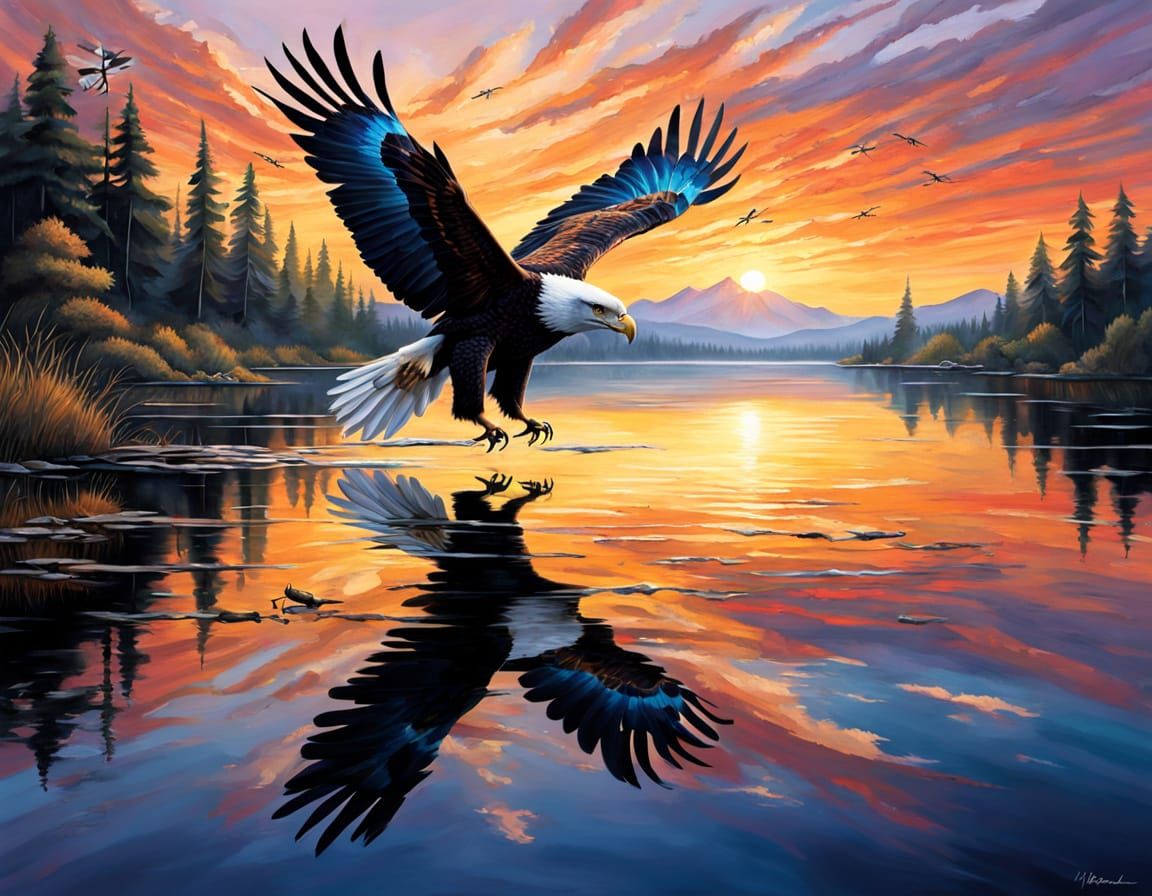 Eagle and Dragonfly Meet in Vivid Oil Painting