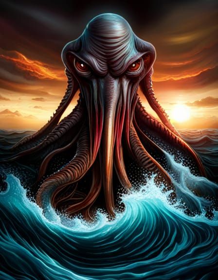 Detailed Hyperrealistic Painting of Cthulhu Rising