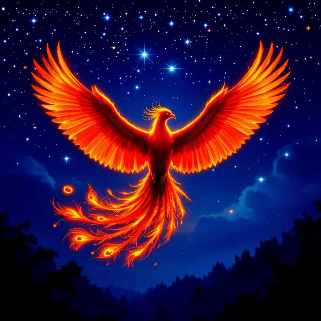 Majestic Phoenix Soars Through Starry Night Sky