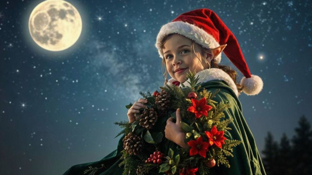 Elf Girl Under Starry Christmas Night Sky