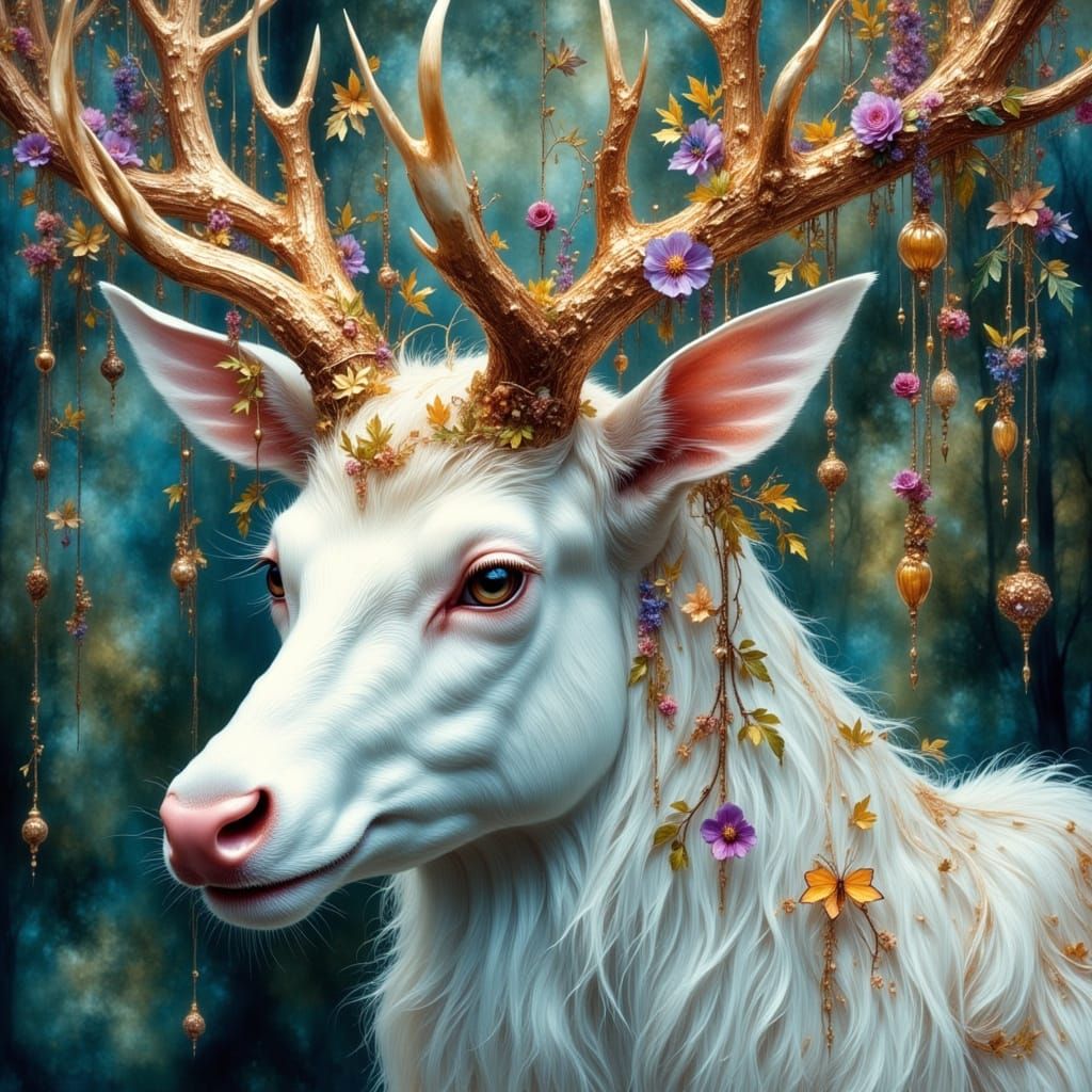 Mystic White Stag with Floral Antlers: Fantasy Art