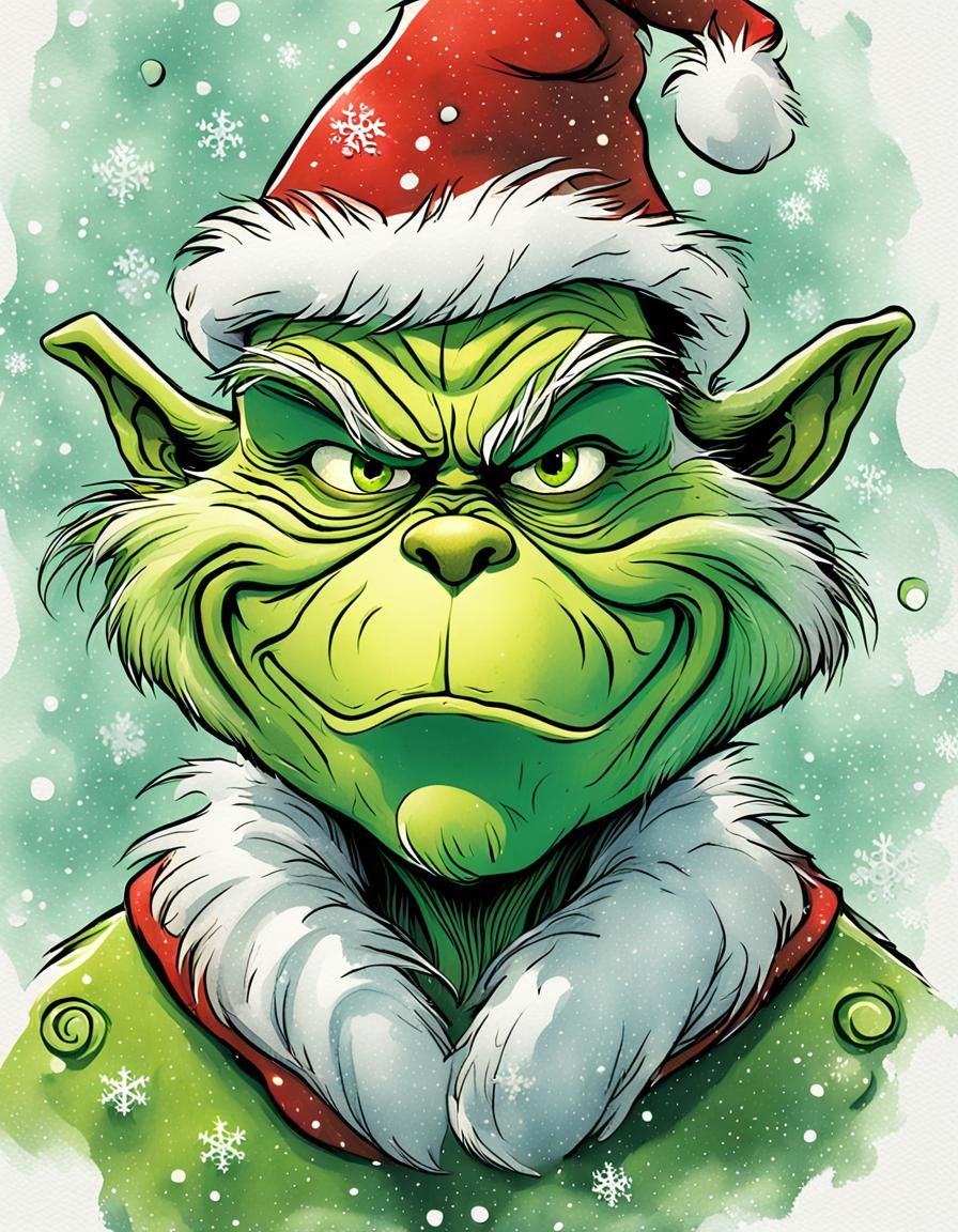 The Grinch's Scowling Face in Whimsical Steampunk Illustrati...