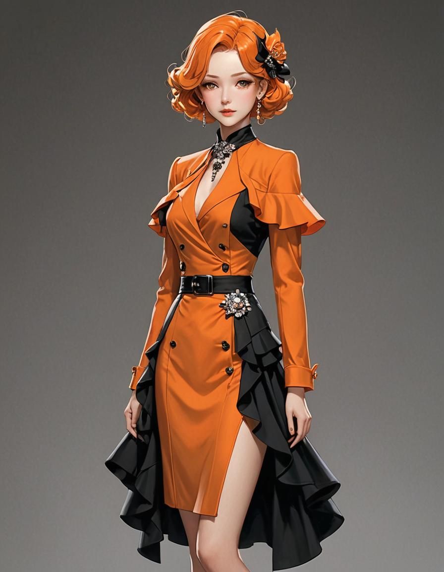 Orange 1930s Dress: Detailed 3D Anime Art