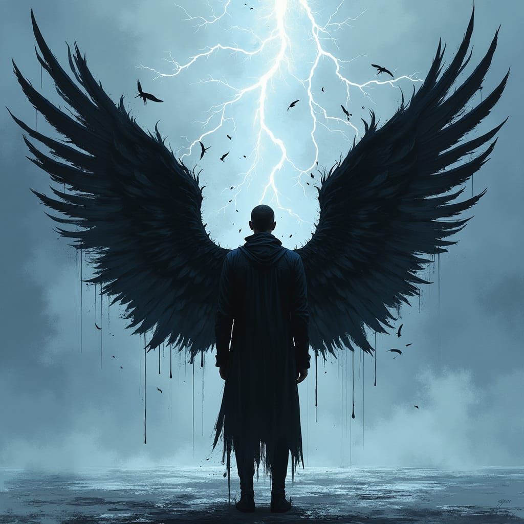 Winged Silhouette in Stormy Abstract Landscape