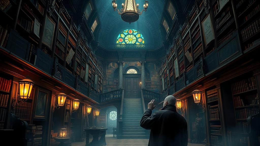 Eerie Scholar in Mystical Library During Stormy Night