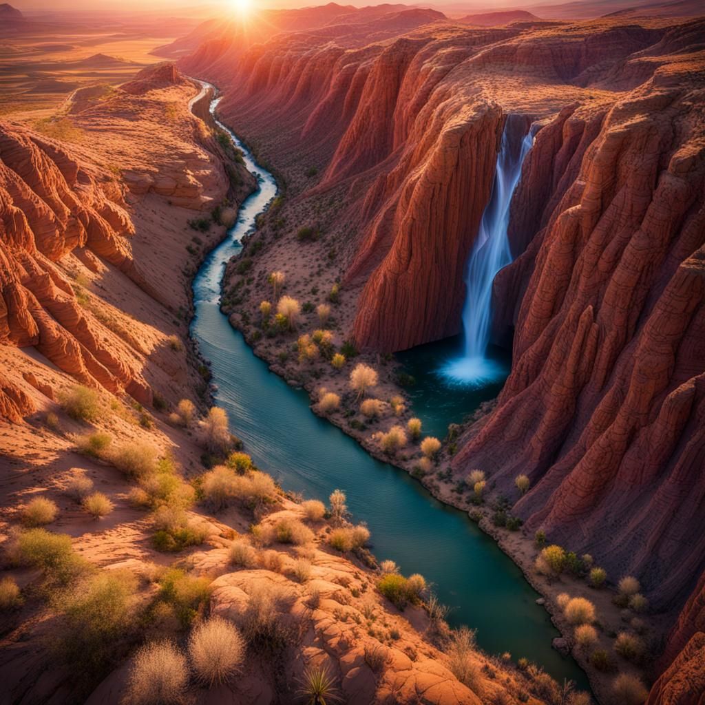 Desert Canyon Waterfall at Sunset: Aerial Photography