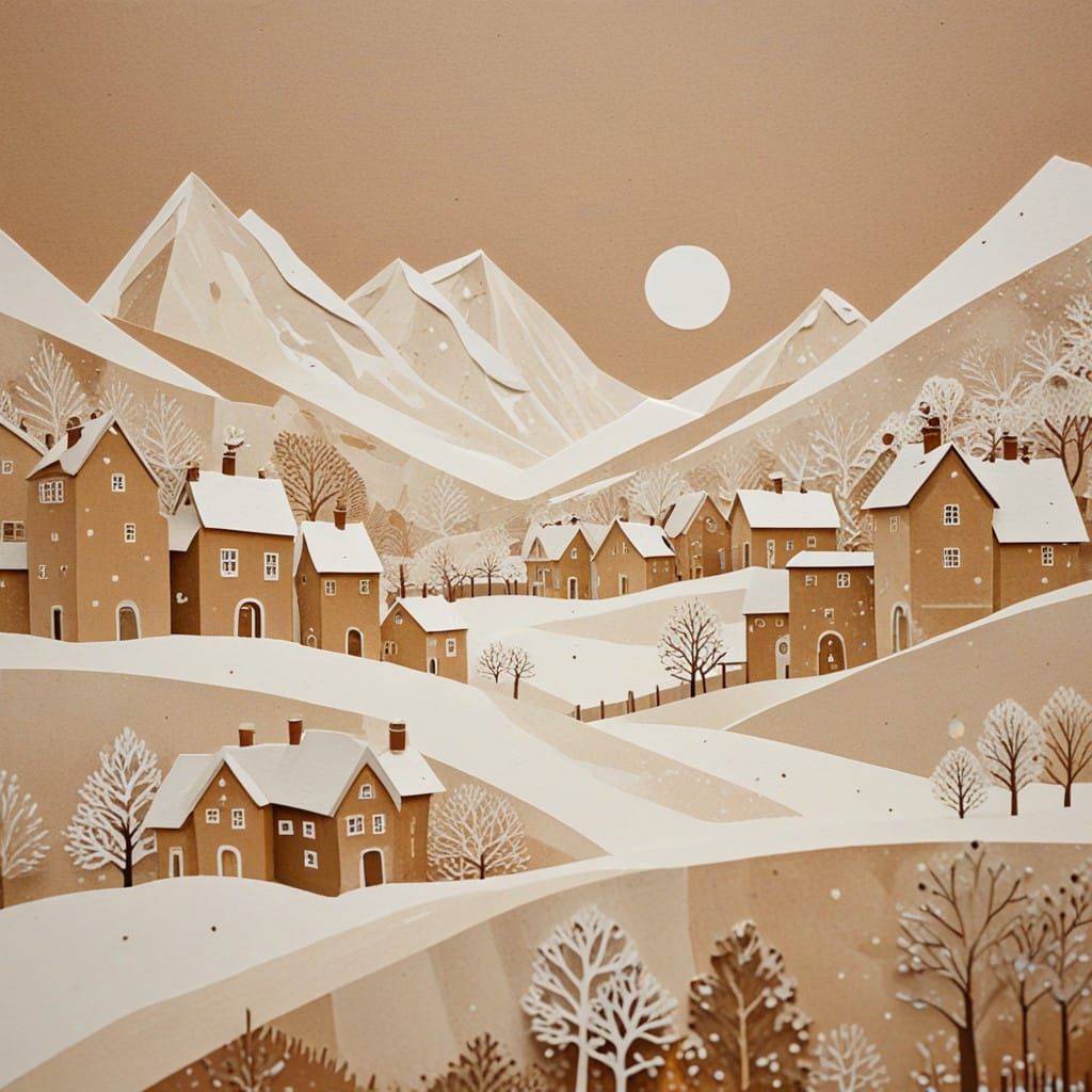Whimsical Winter Village Collage in Earthy Tones