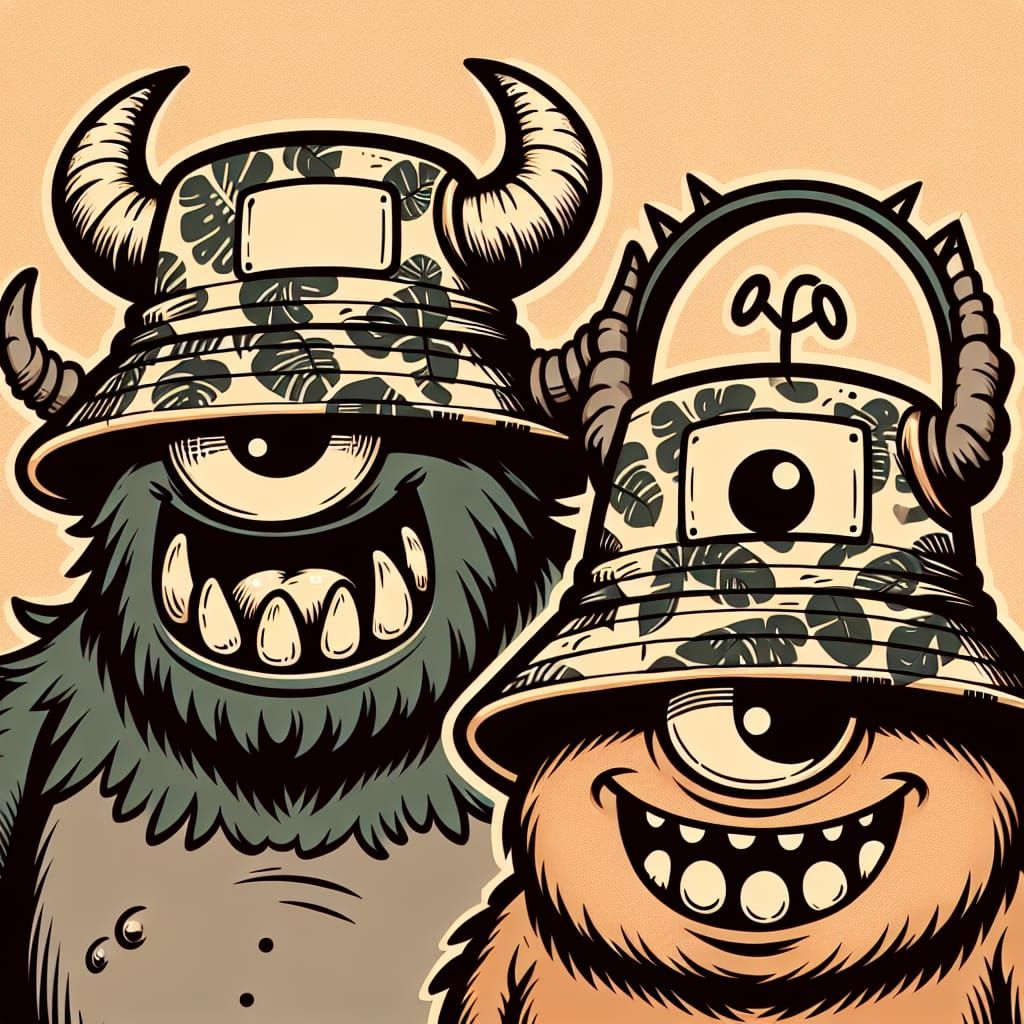Cartoon Monsters with Bucket Hats