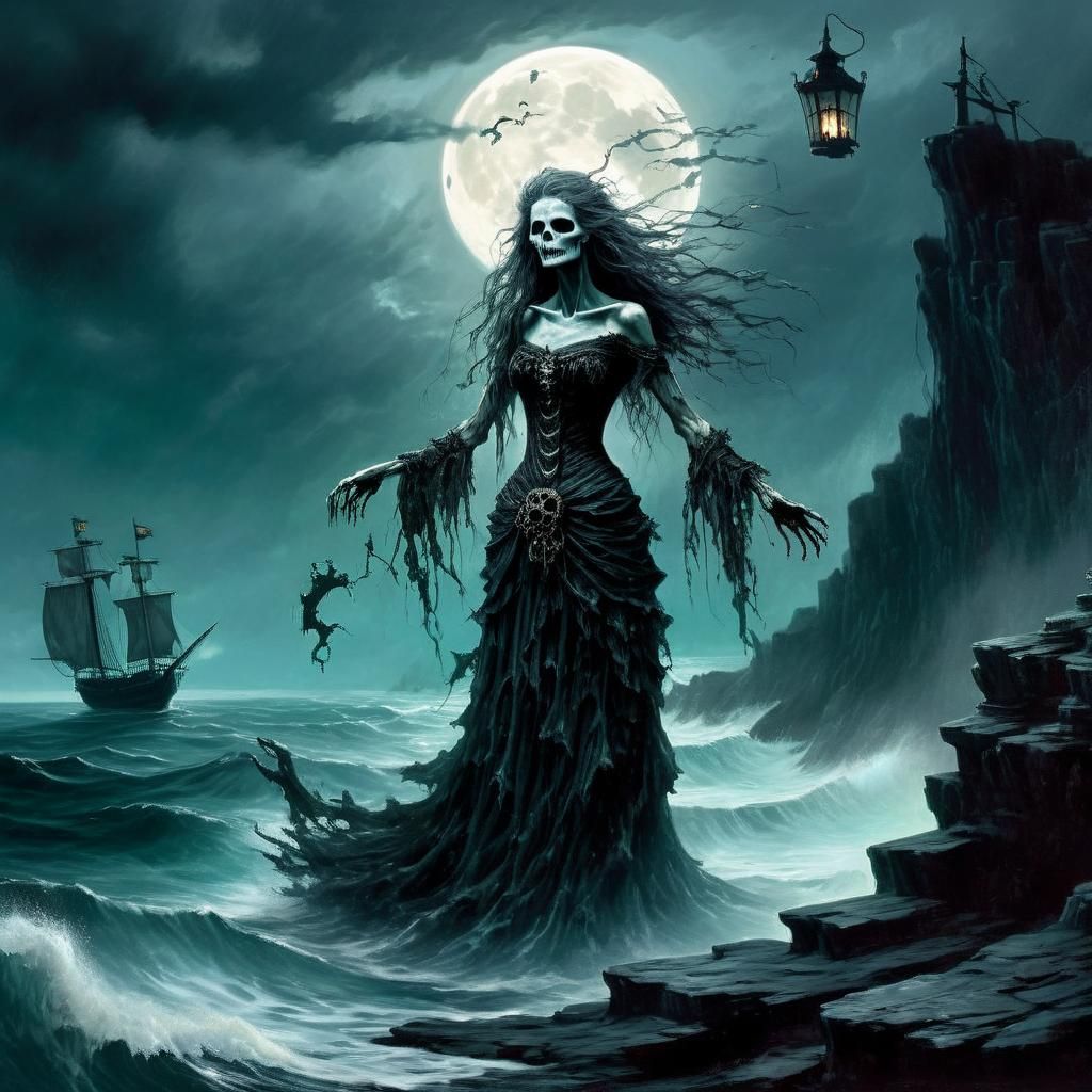 Ethereal Gothic Siren Beckons to Distant Ship in Eerie Moonl...