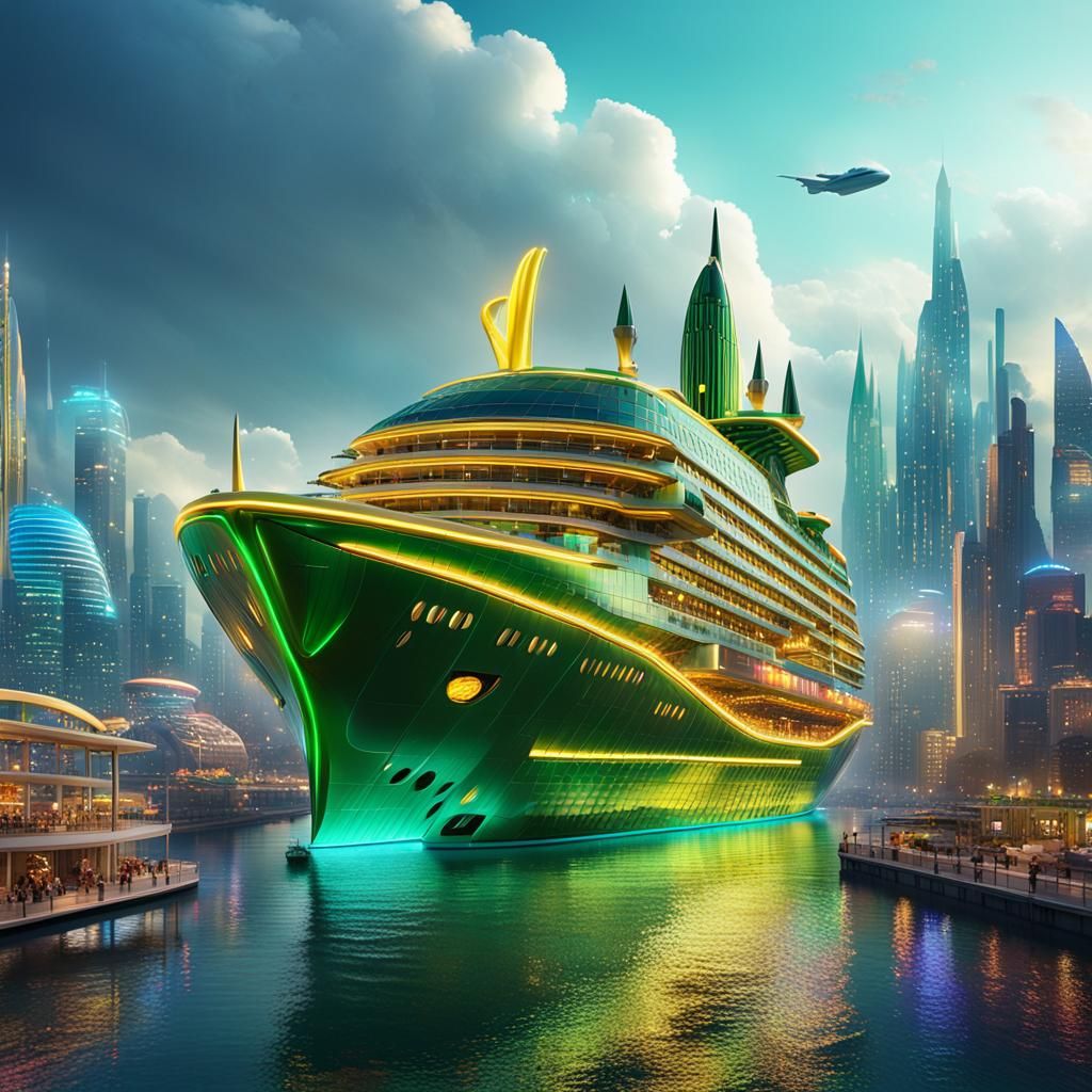 Futuristic Hogwarts Cruise Ship with Neon Lights