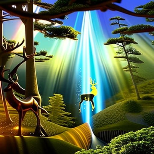 Bioluminescent Deer Leaping Across Misty Landscape