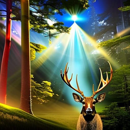 Bioluminescent Deer Leaping in Misty Landscape