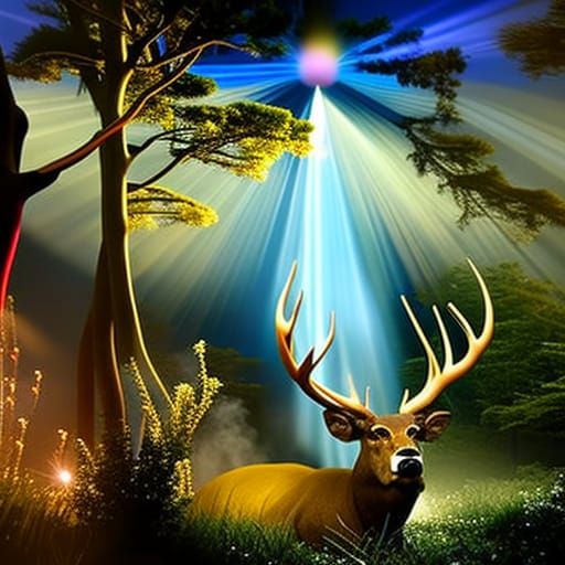 Bioluminescent Deer Leaping in Misty Landscape