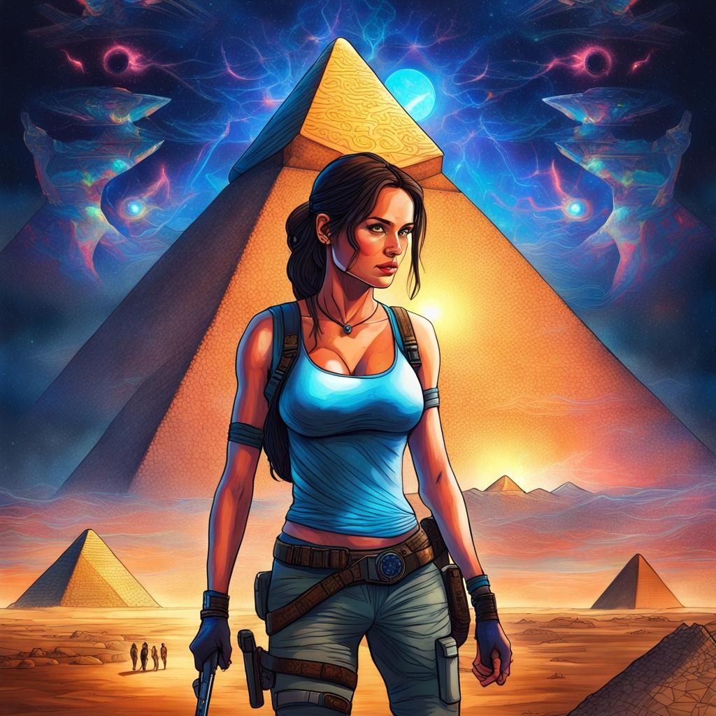 Lara Croft at Giza: Holographic Astral Illustration