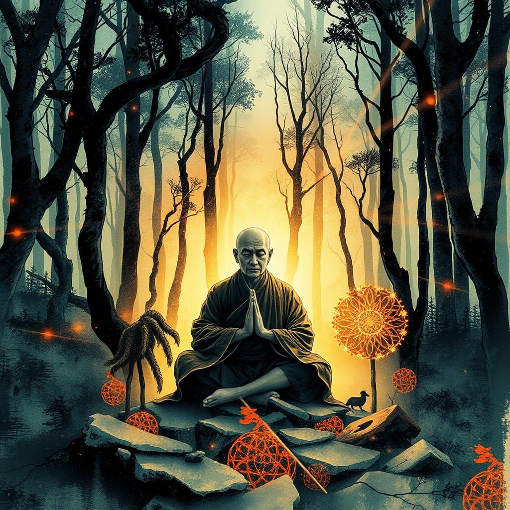 Meditating Monk in Glowing Forest, Visionary Light Energy Ar...