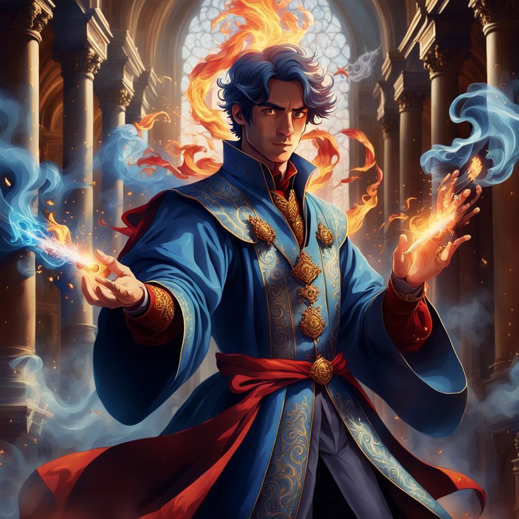 Young Magician Conjuring Flames in Anime Style