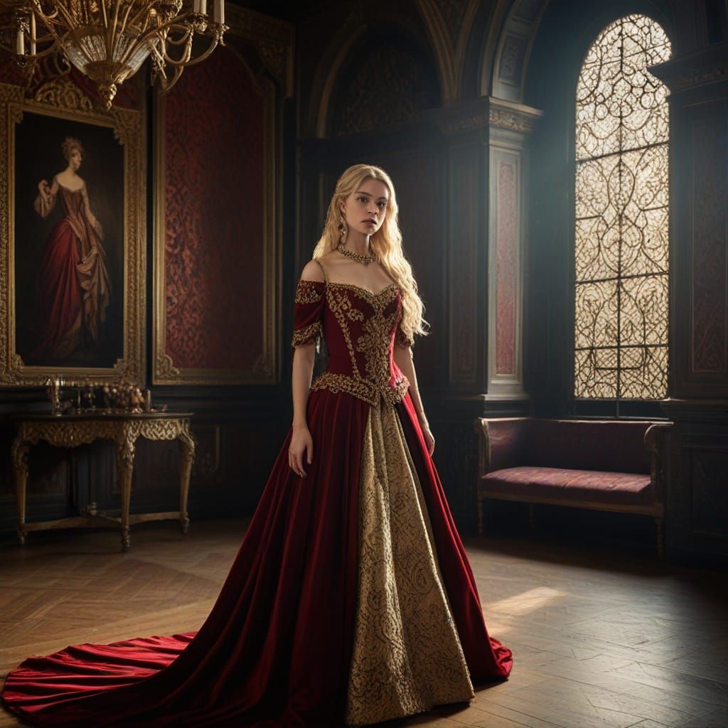 Blond Girl in Gold Red Velvet Dress at Medieval Ball