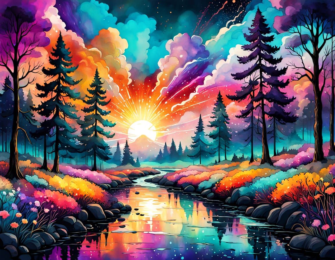 Luminous Flower Garden at Sunset in Alcohol Ink Style