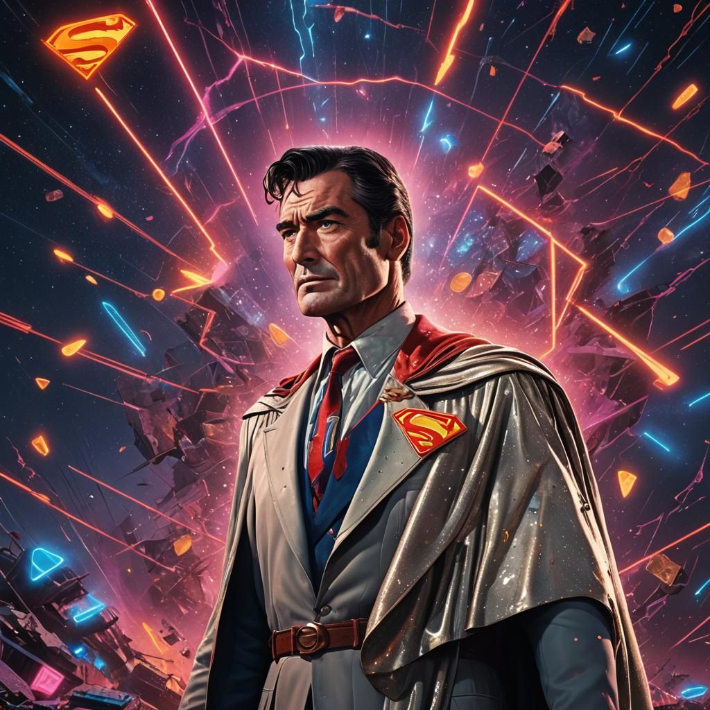 Elderly Superman with Cosmic Neon Background