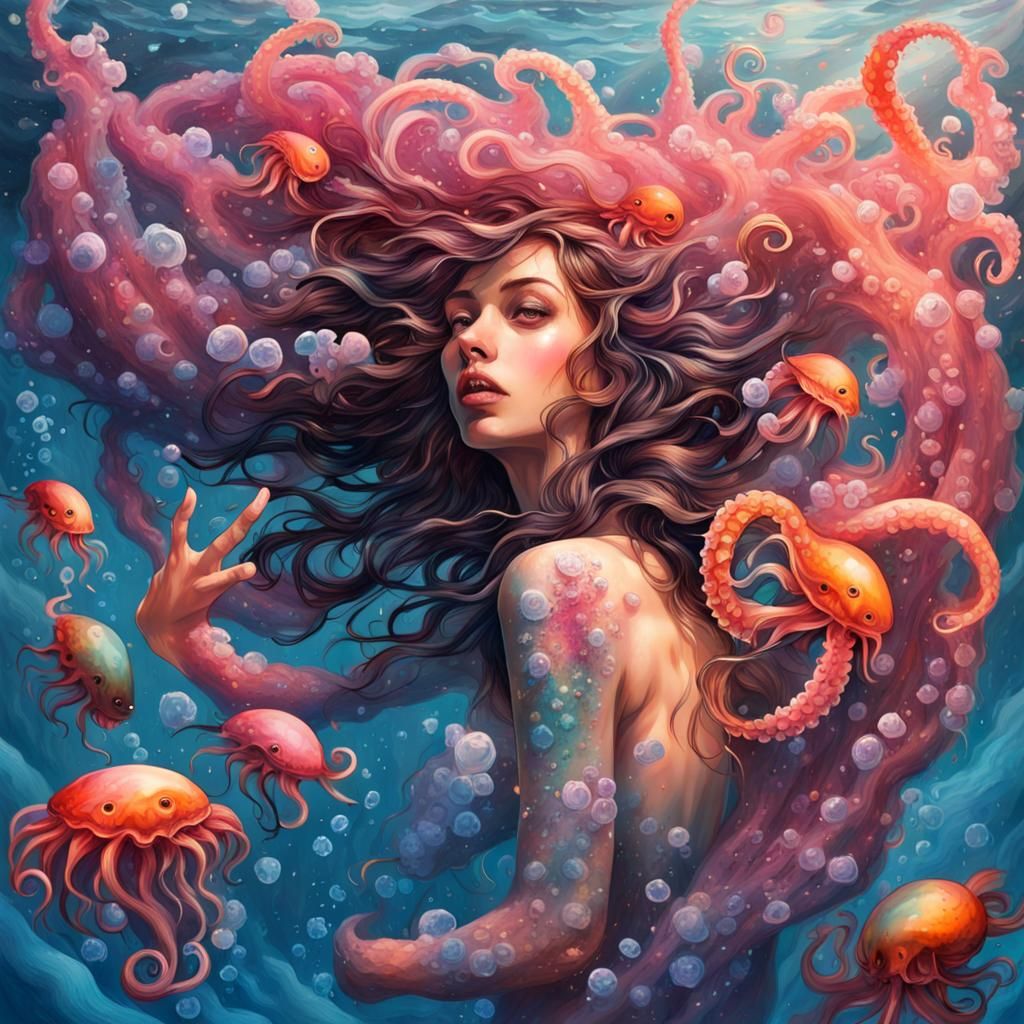 Mermaid Saved by Jellyfish in Graffiti Splash Art