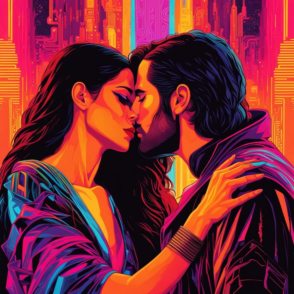 Cyberpunk Kiss in Neon Abstract Art Style