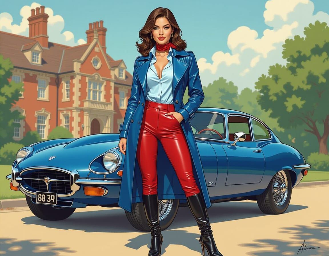 Brunette Model with Jaguar, in Comic Art Style